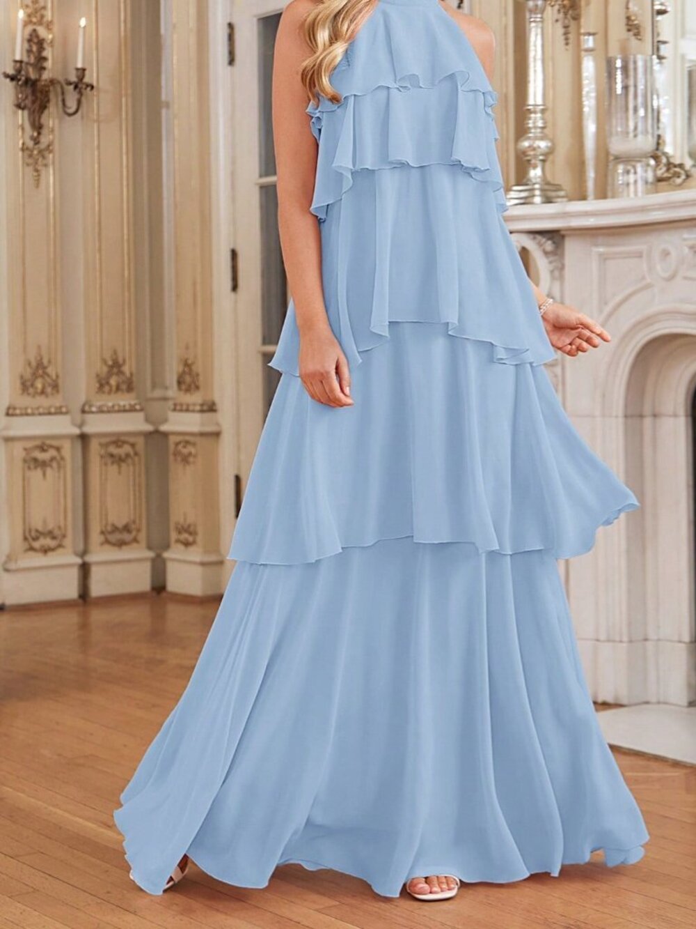 Baby Blue Casual Women's Halter Neck Ruffle Dress - Picture 8 of 9